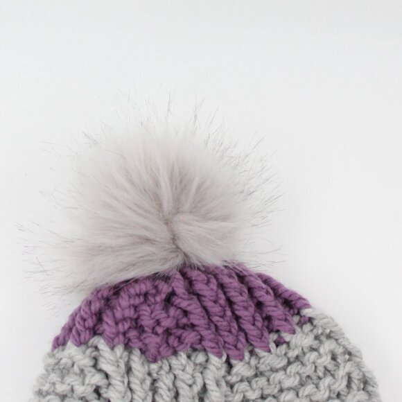 Handmade Hand Knit Purple Box Stitch Knit Hat Removable Pompom for Kids 6/10 y - Picture 3 of 3